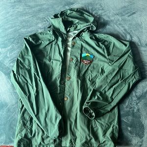 Hunter green Dutch Bros draw string raincoat